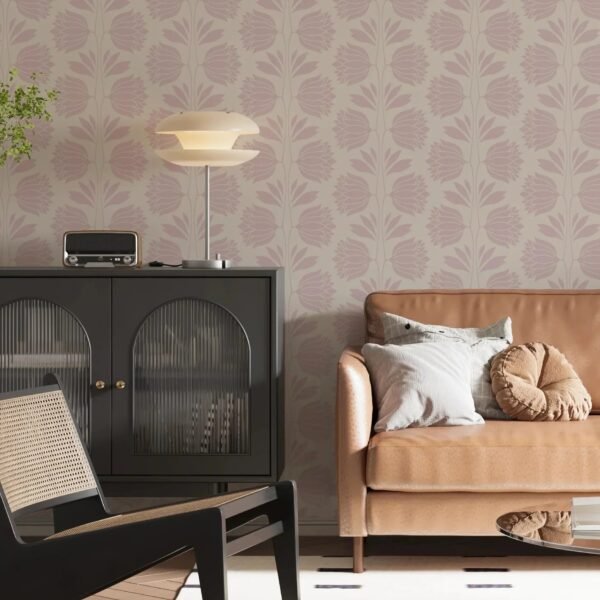 Soft Pink Botanical Wallpaper - Vintage Floral Wall Decor