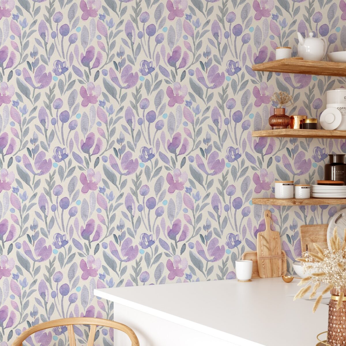 Purple Botanical Watercolor Floral Wallpaper - Image 1