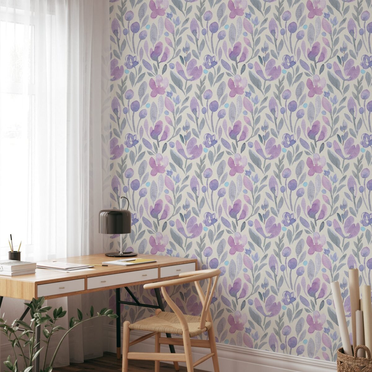 Purple Botanical Watercolor Floral Wallpaper - Image 2
