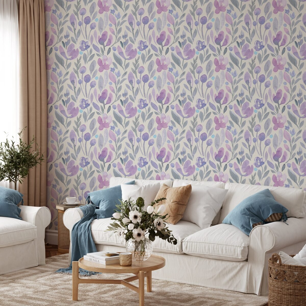 Purple Botanical Watercolor Floral Wallpaper - Image 5