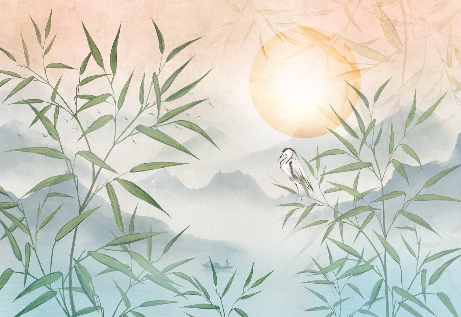 Heron and Bamboo Wallpaper Mural - Nature Scene with Mountains - Image 3