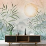 Heron and Bamboo Wallpaper Mural - Nature Scene with Mountains - Image 2