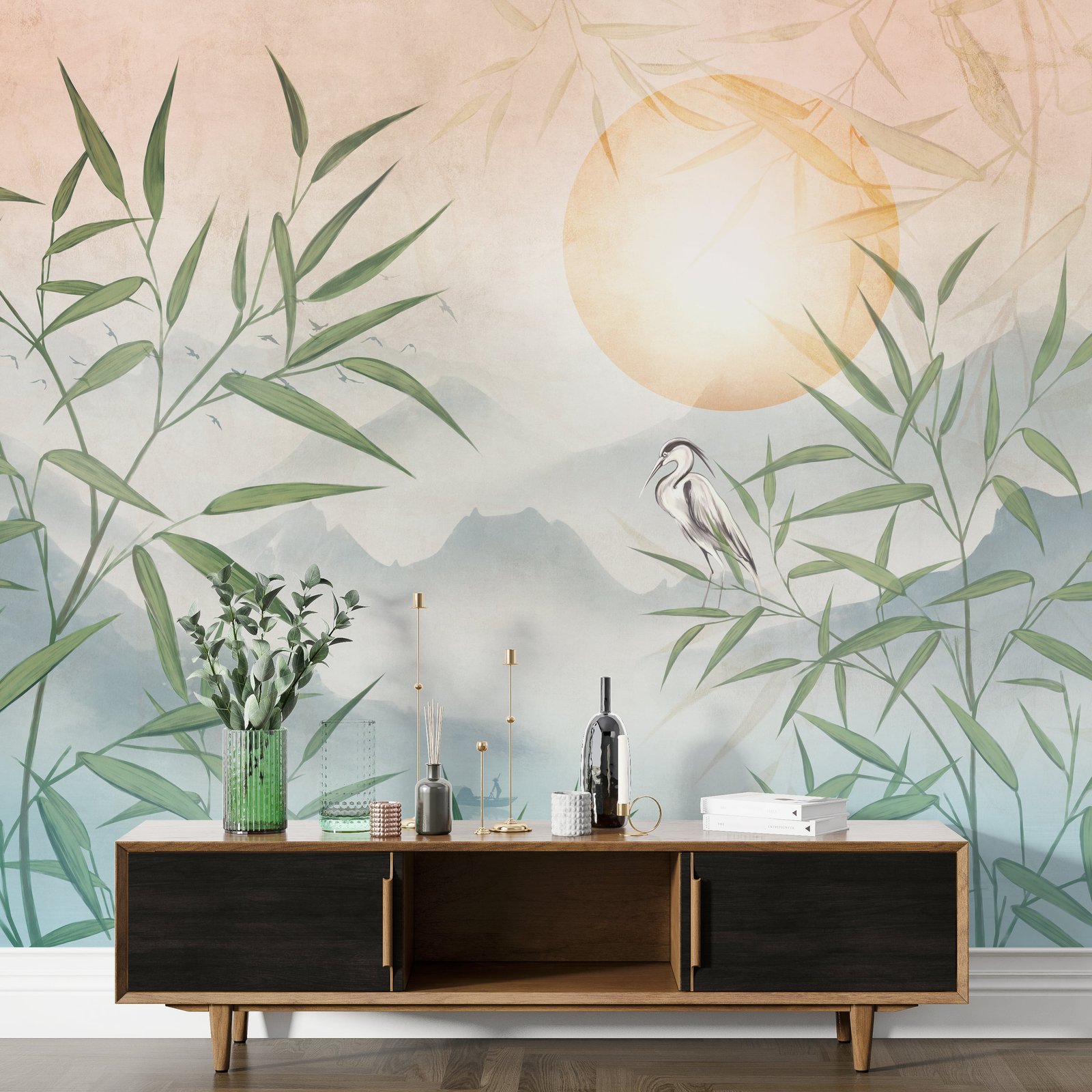 Heron and Bamboo Wallpaper Mural - Nature Scene with Mountains - Image 2