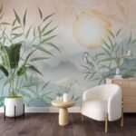 Heron and Bamboo Wallpaper Mural - Nature Scene with Mountains