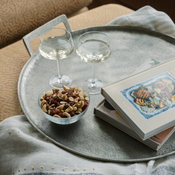 Handcrafted 24" Round Aluminum Serving Tray with Handles - Elegant Pewter Finish