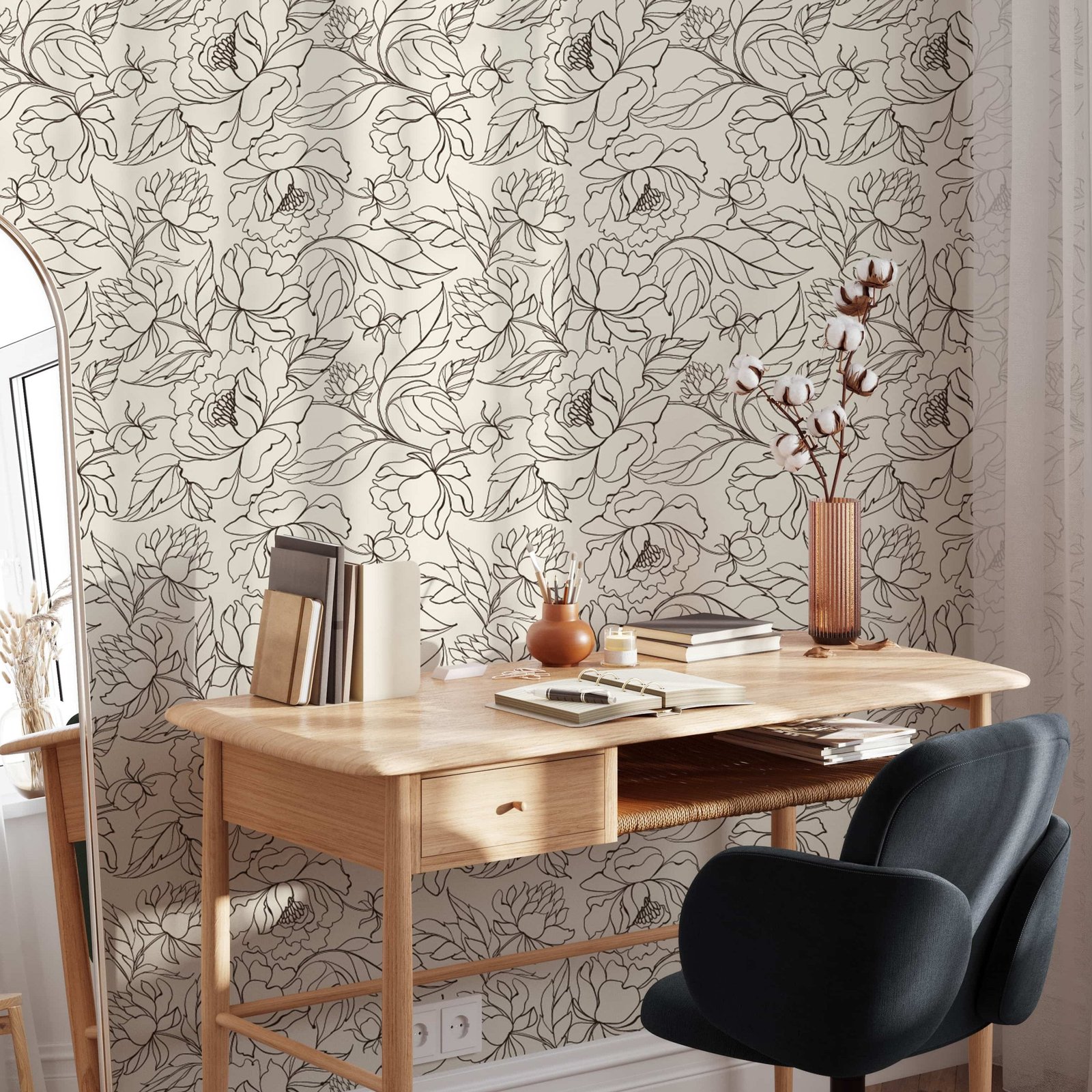 SeamlessfloralpatternwithPeony.Vectorillustration2-min-1 Elegant Line Art Peony Wallpaper - Image 1