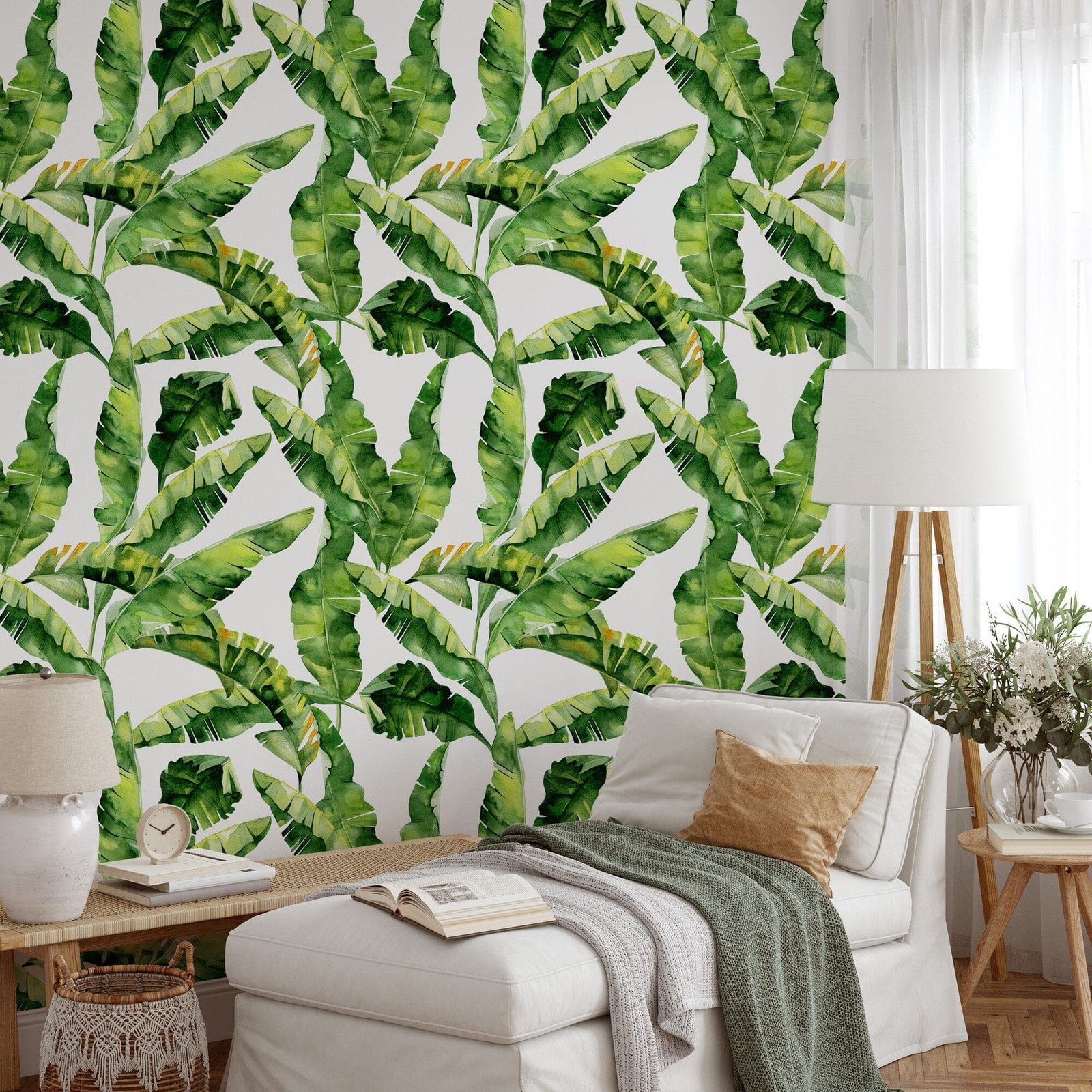 Seamlesswatercolorillustrationoftropicalleaves_densejungle.Patternwithtropicsummertimemotifmaybeusedasbackgroundtexture_wrappingpaper_textile_wallpaperdesign.Bananapalmleaves4_dcea9aa Green Tropical Leaf Wallpaper - Image 1