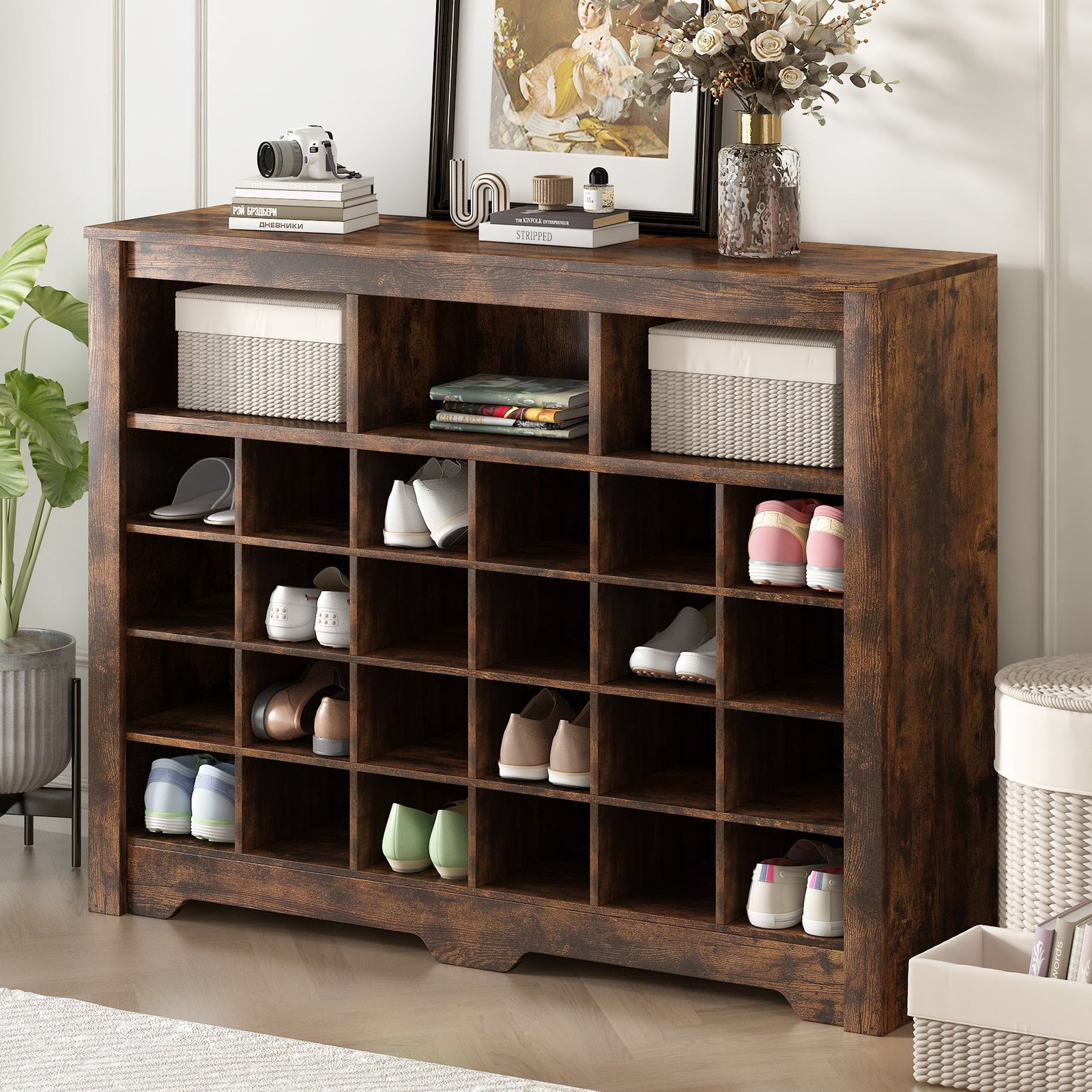 Sleek_Design_24_Shoe_Cubby_Console_Modern_Shoe_Cabinet_with_Curved_Base_Versatile_Sideboard_with_High-quality_for_Hallway_Bedroom_Living_Room_Rustic_Brown Walker Edison | Functional Shoe Cabinet for Stylish Organization - Image 1