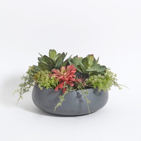 Lifelike Round Artificial Succulent Arrangement In Modern Gray Planter – Elegant Home Décor