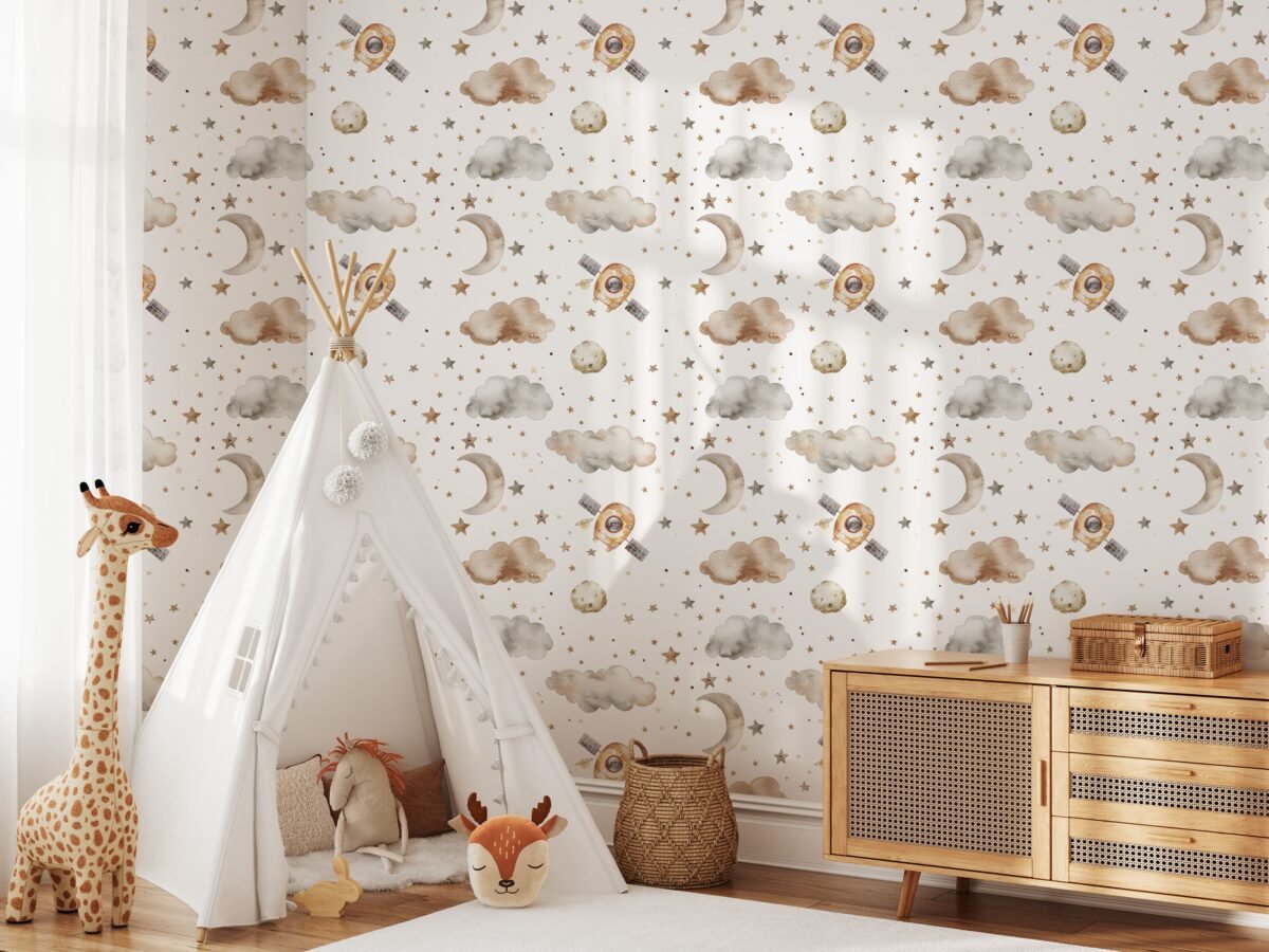 Spaceship Wallpaper For Boys - Soft Clouds and Stars - Image 4