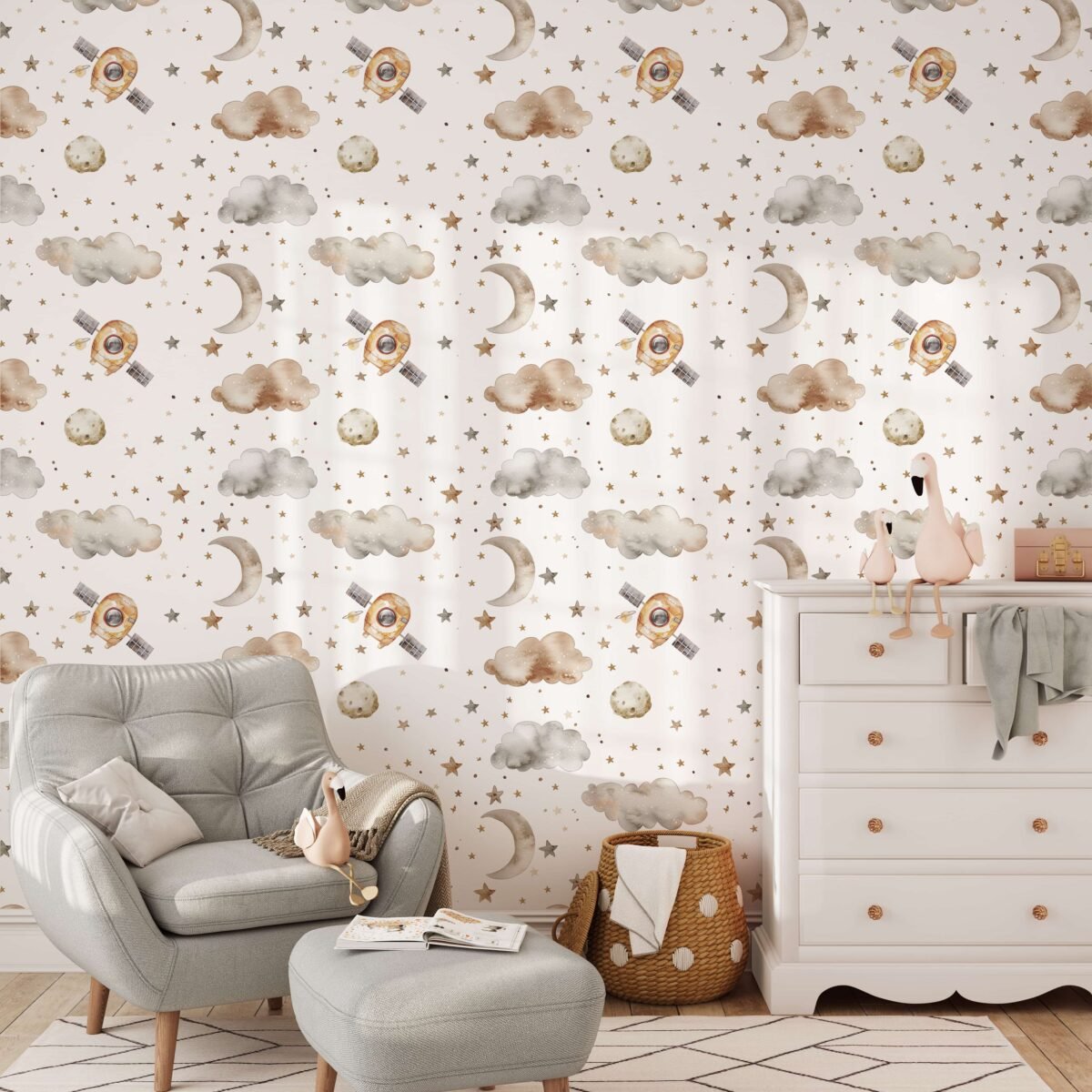 Spaceship Wallpaper For Boys - Soft Clouds and Stars - Image 3