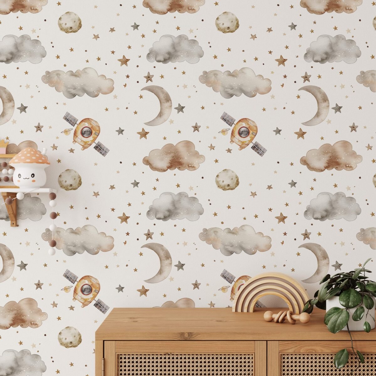 Spaceship Wallpaper For Boys - Soft Clouds and Stars - Image 1