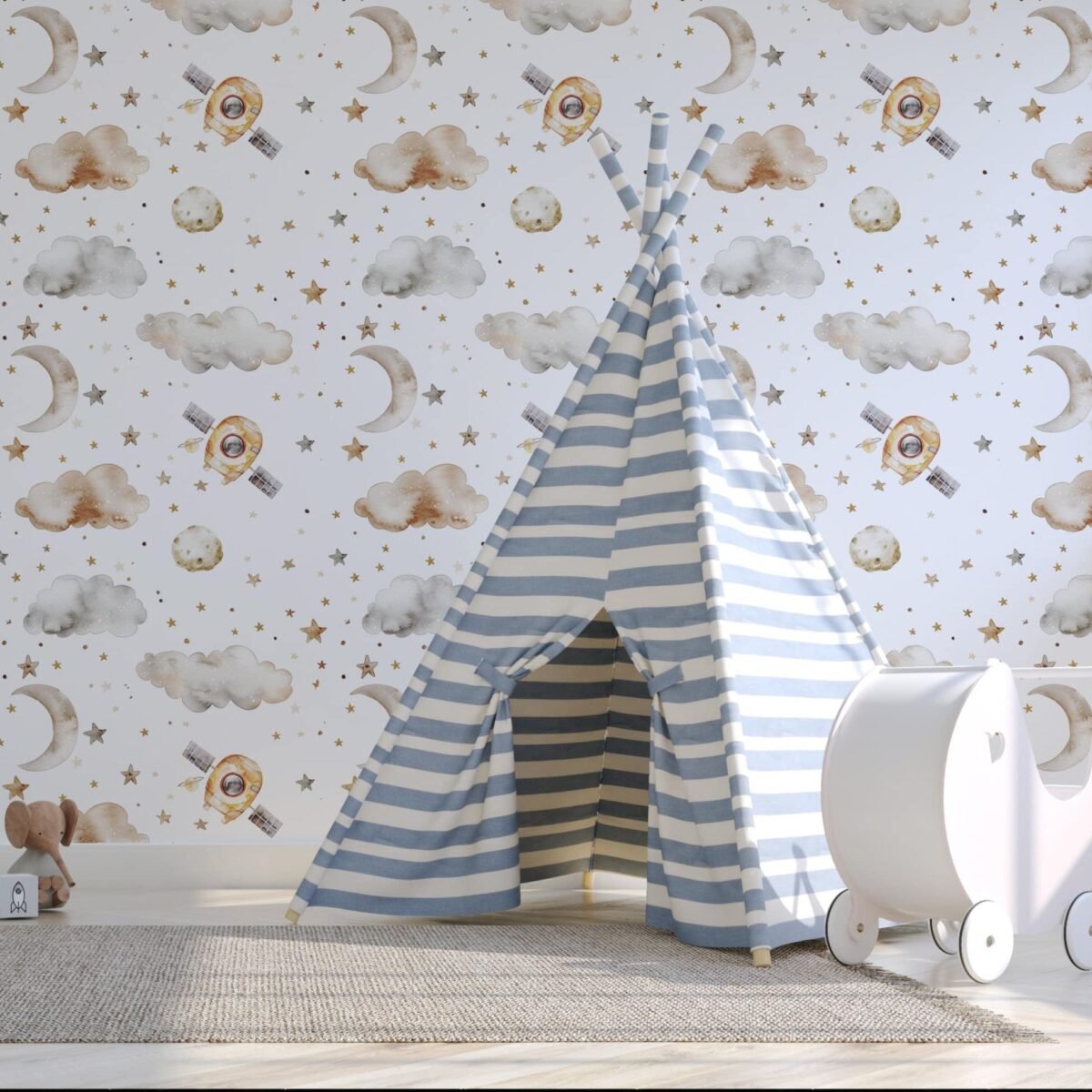 Spaceship Wallpaper For Boys - Soft Clouds and Stars - Image 6