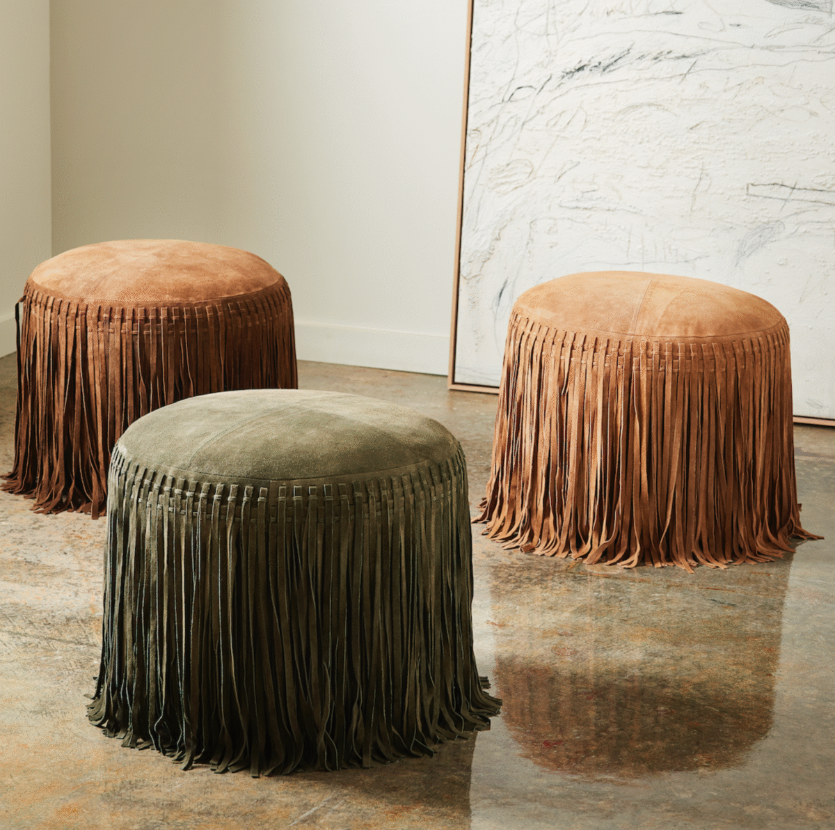 Suede Pouf w/ Fringe - Dark Brown - Image 2