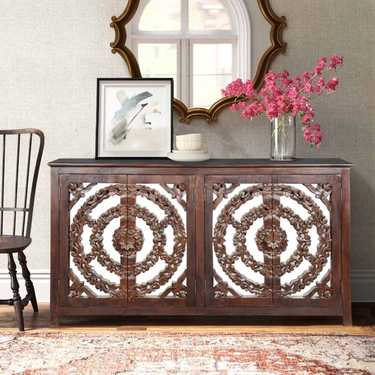 Lotus Carved 4 Door Mango Wood Sideboard With Mirror Accents - Image 1