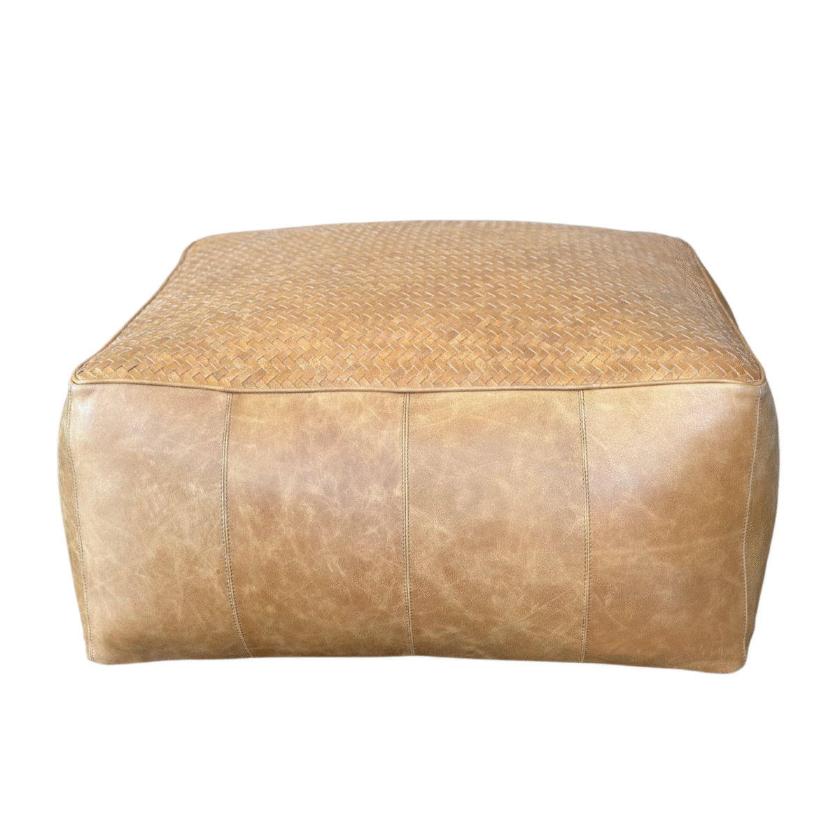 Top Handwoven Leather Pouf - Tan - Image 1