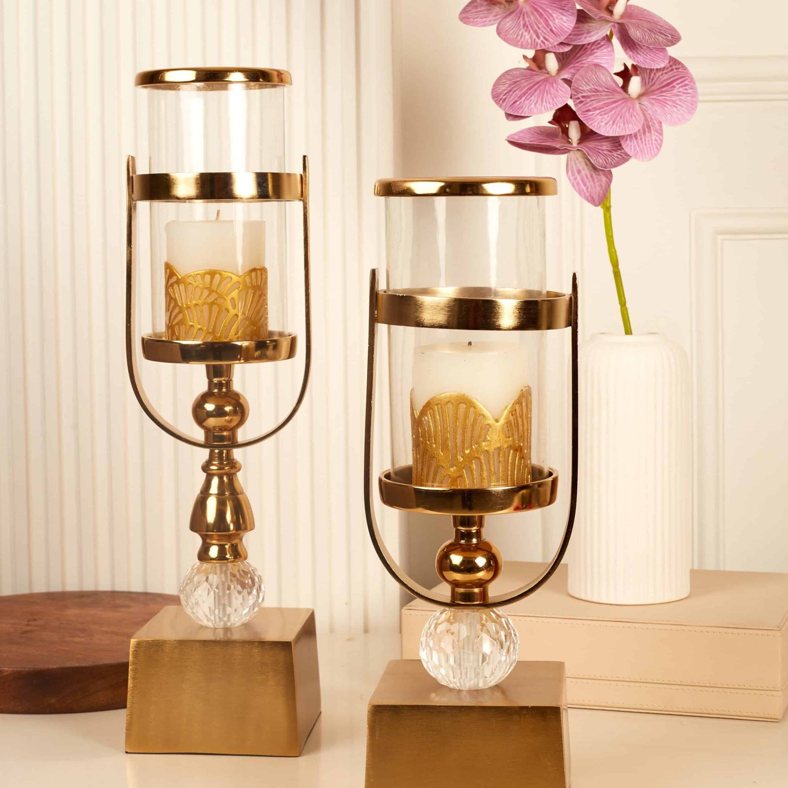 UntitledCatalog02595 Golden Pillar atop Crystal Base Candle Stand, Small - Image 1