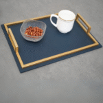 Blue Faux Leather Serving Tray with Golden Handles, Rectangle - Image 2