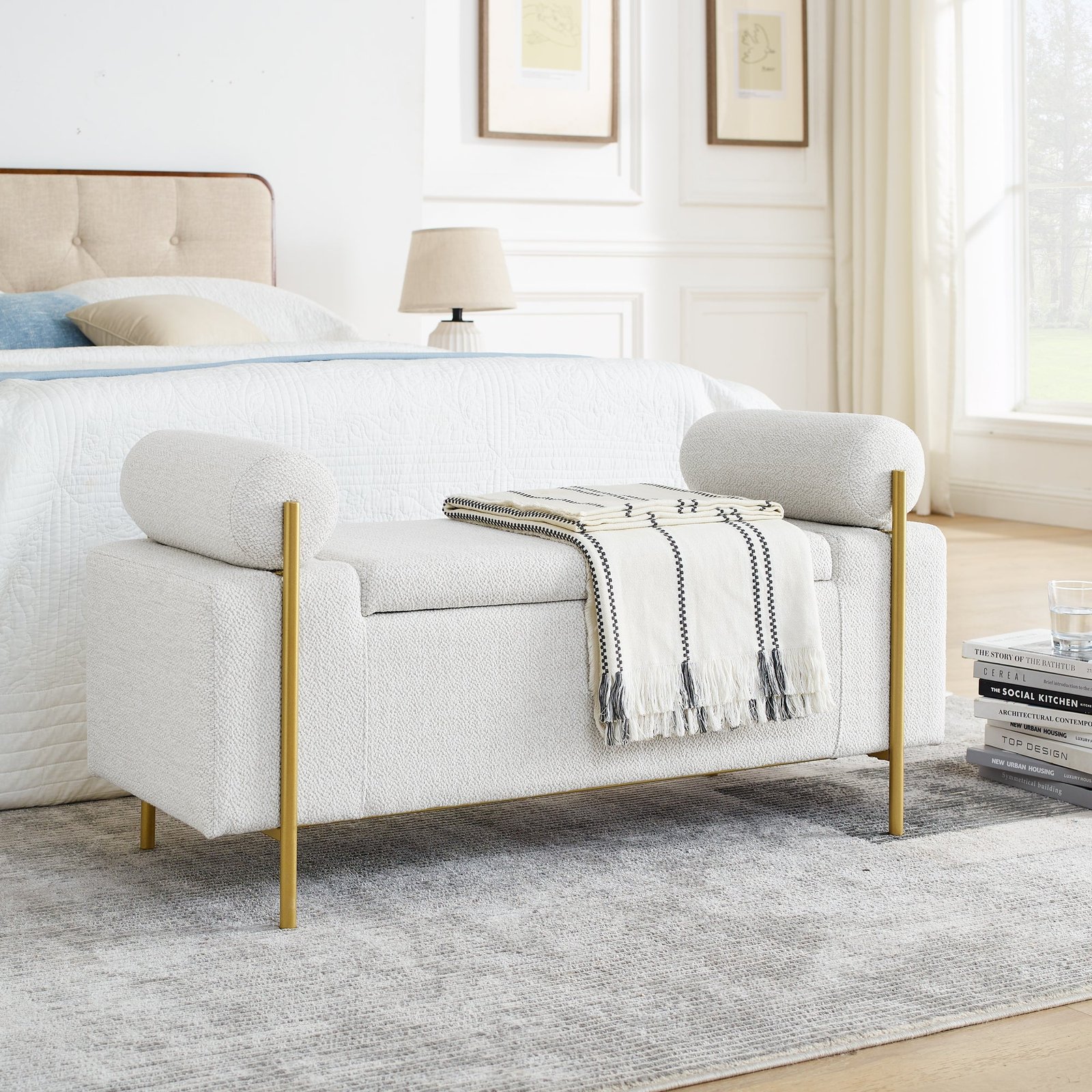 Walker Edison | Minimalist Upholstered Linen Storage Bench - Image 1