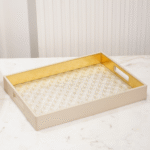 Vegan Leather Serving Tray w/ Beige & Gold Design