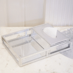 Silver Vegan Leather Decor Tray with Mirror Base