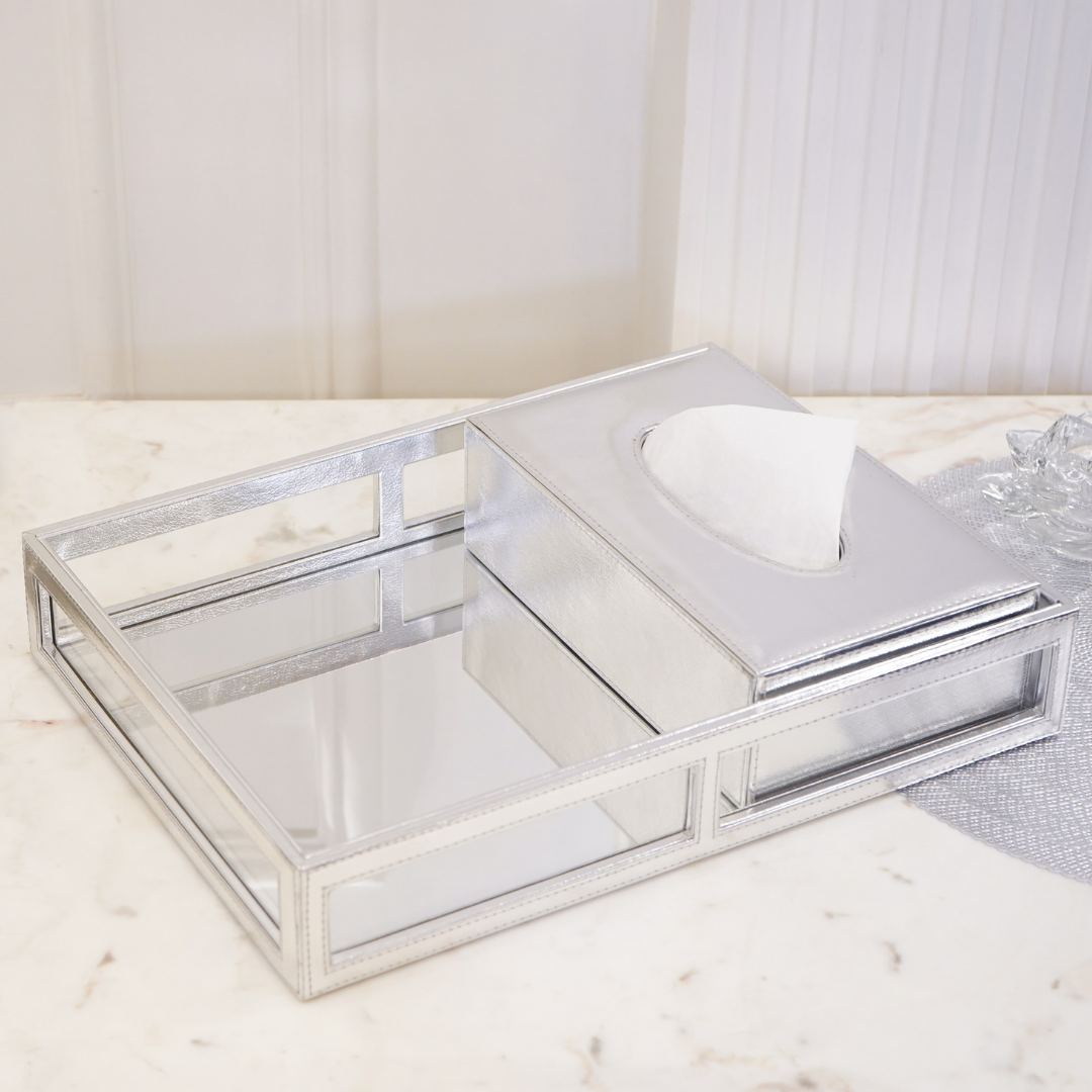 VELVETCUSHIONCOVER-2024-10-21T144126.254 Silver Vegan Leather Decor Tray with Mirror Base - Image 1