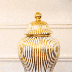 Gold and Ivory Fluted Ceramic Urn with Lid, Big - Image 3