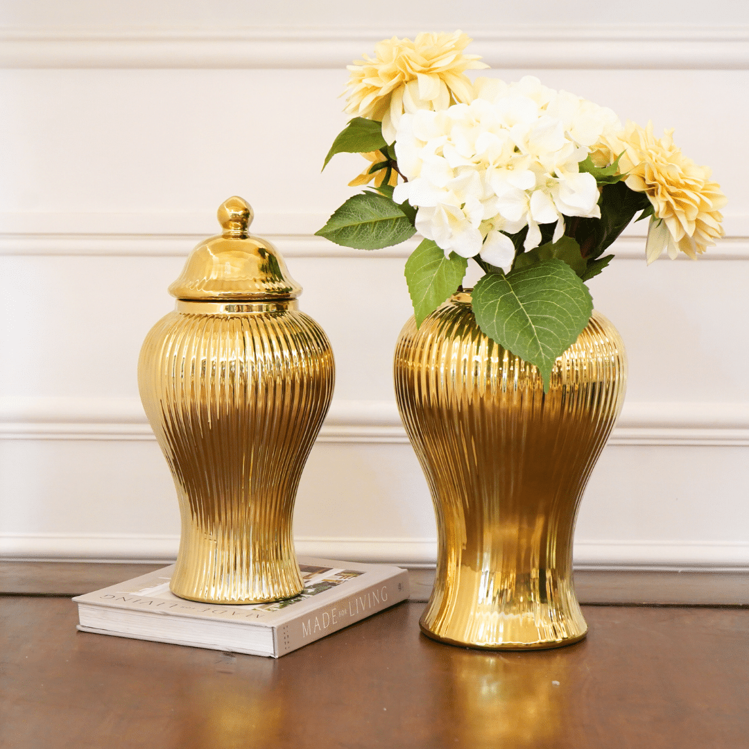 VELVETCUSHIONCOVER_5_31f5f4e3-c4d1-4969-b245-57495982c7be Gold Fluted Ceramic Urn / Vase with Lid, Small - Image 1