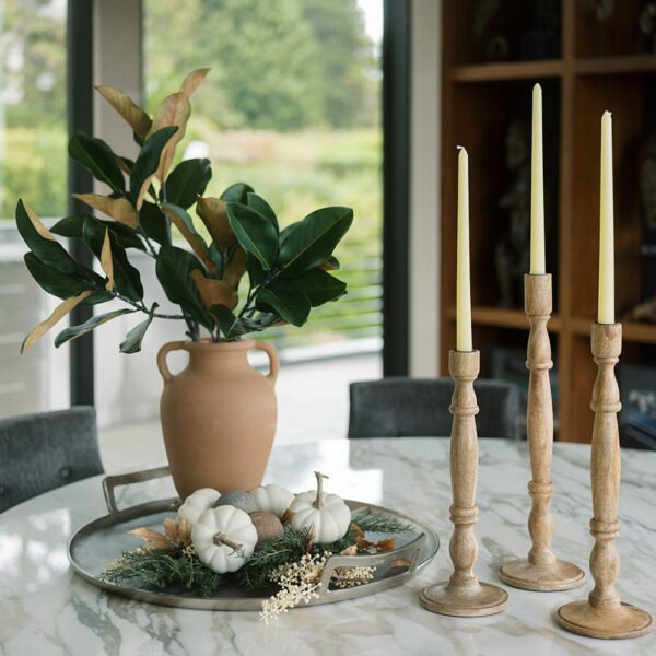 Set of 3 Handcrafted Taper Candle Holders in Natural Mango Wood - Rustic Elegance for Home Decor