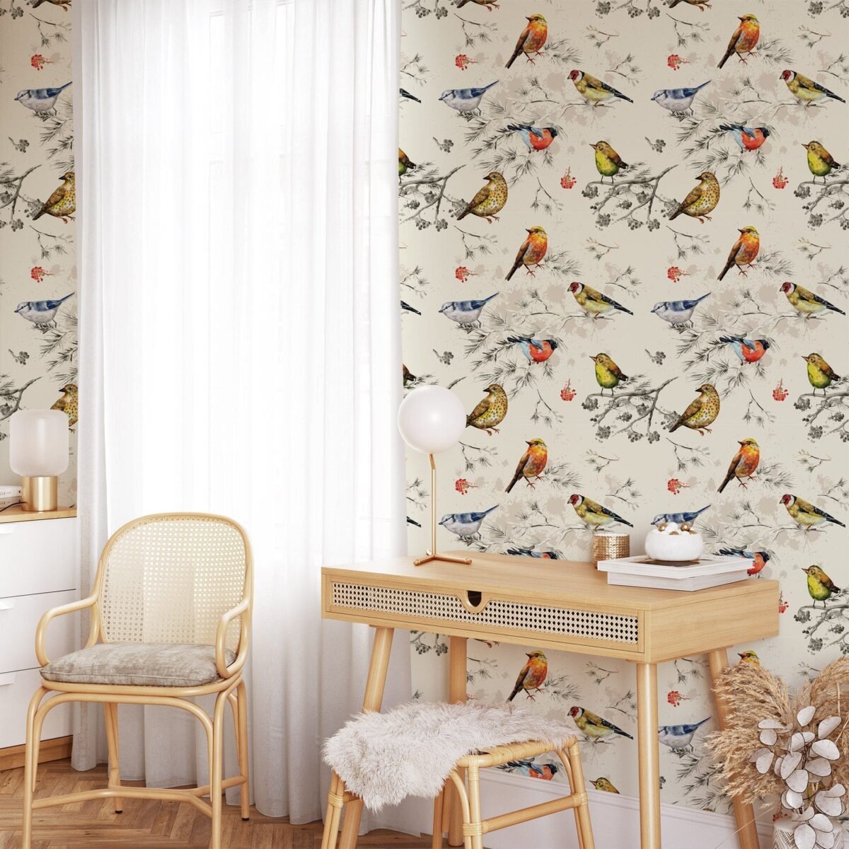 Vintage Birds Pattern Wallpaper - Peel and Stick Nature Inspired Wallpaper - Image 4