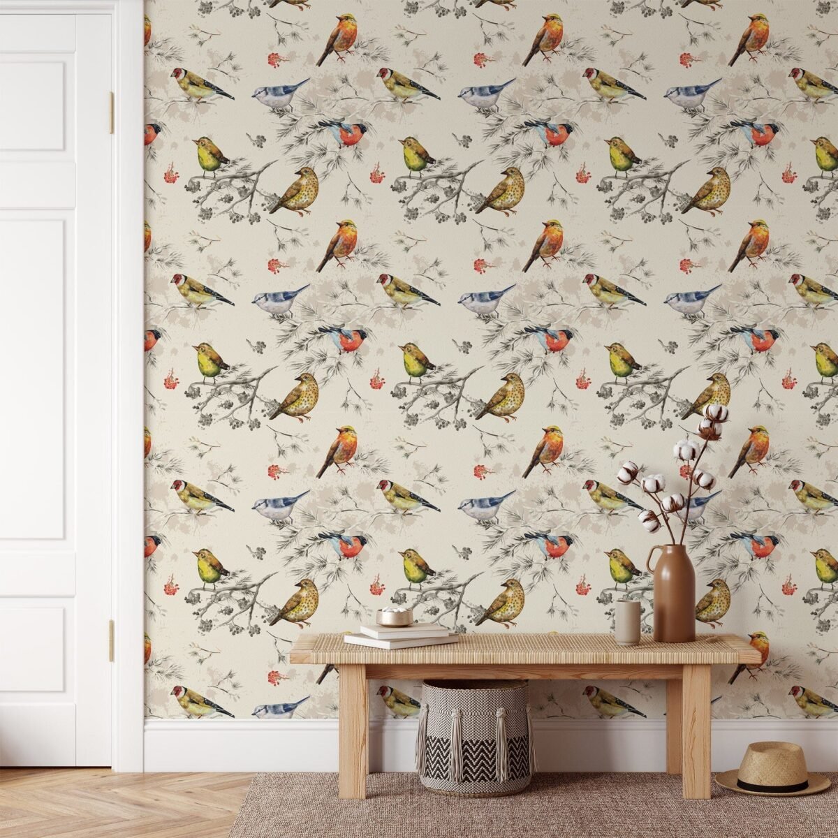 Vintage Birds Pattern Wallpaper - Peel and Stick Nature Inspired Wallpaper - Image 1