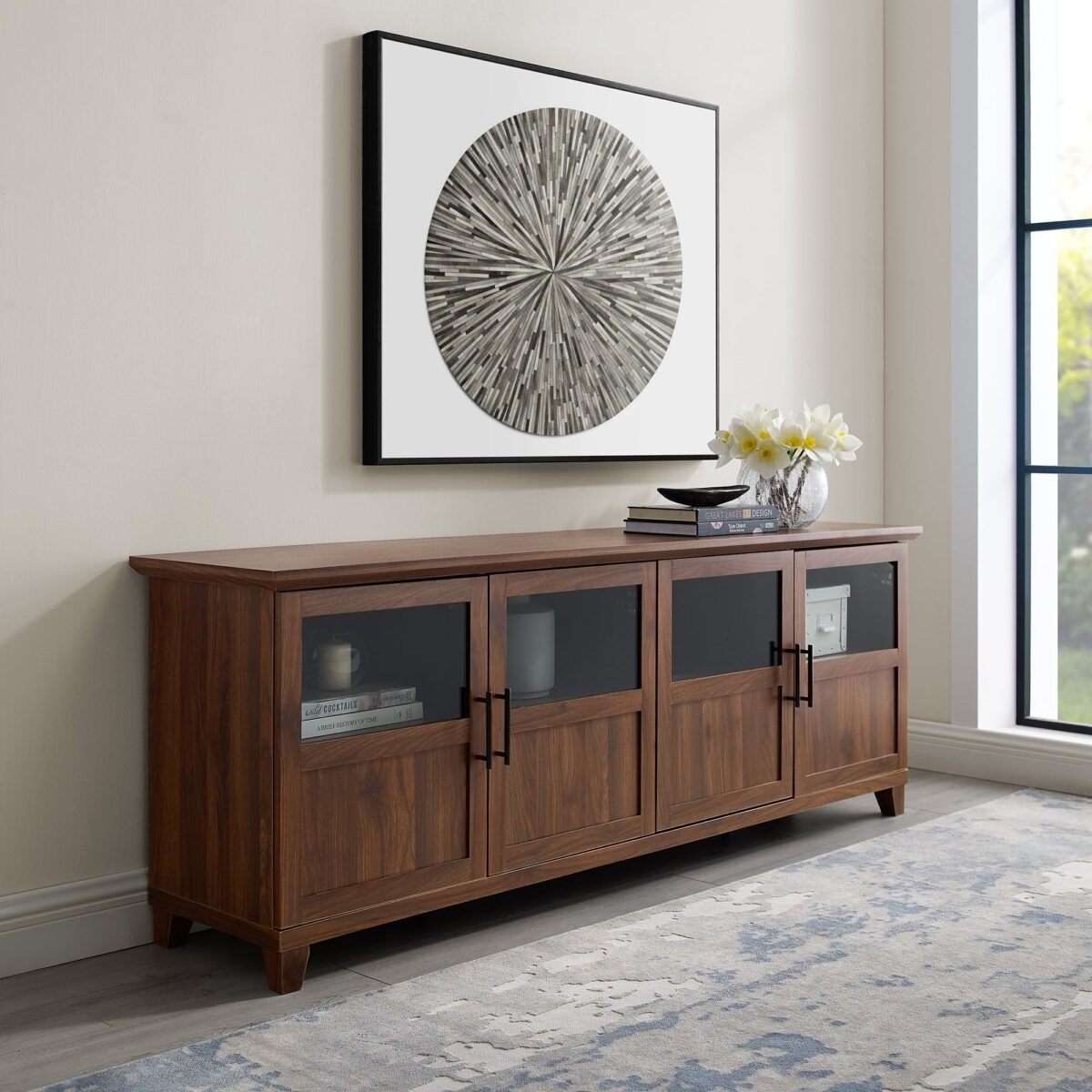 Goodwin 70" TV Stand with Glass and Wood 4 Panel Doors - Image 1