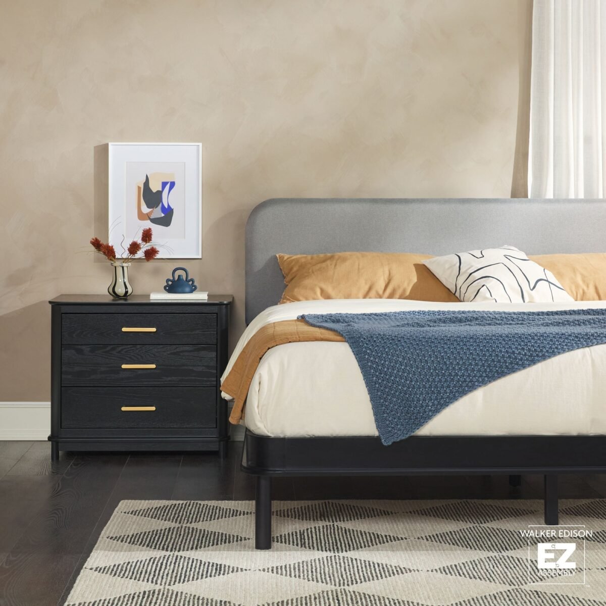 Annette Contemporary Upholstered Headboard Curved Wood Bed Frame - Image 6