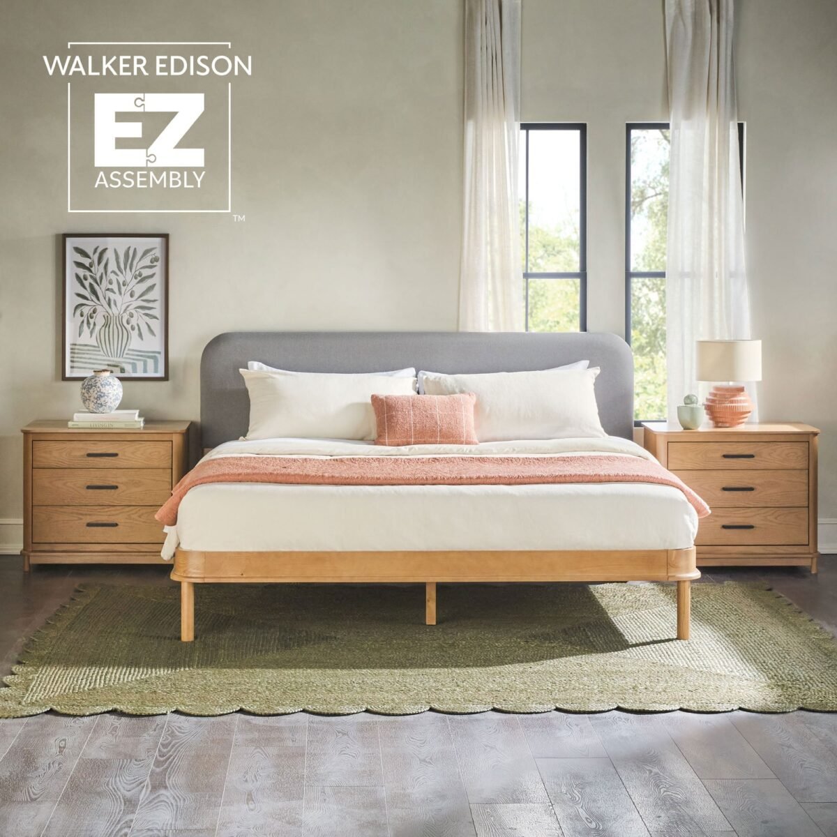 Annette Contemporary Upholstered Headboard Curved Wood Bed Frame - Image 13