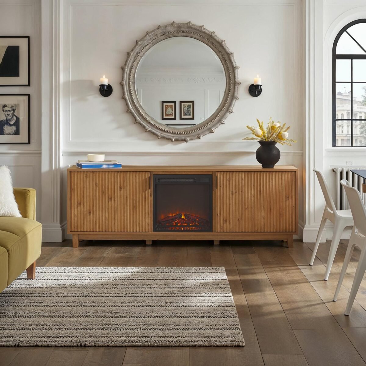 Reema Scandinavian 70" Modern Reeded TV Stand with Freestanding Electric Fireplace - Image 1
