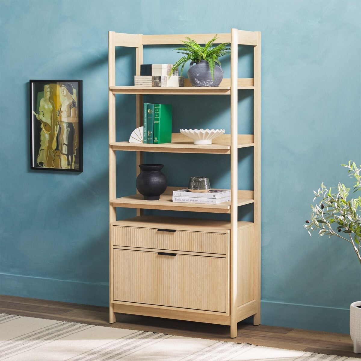 Holmes Modern Scandinavian Reeded Wide Bookshelf - Image 1