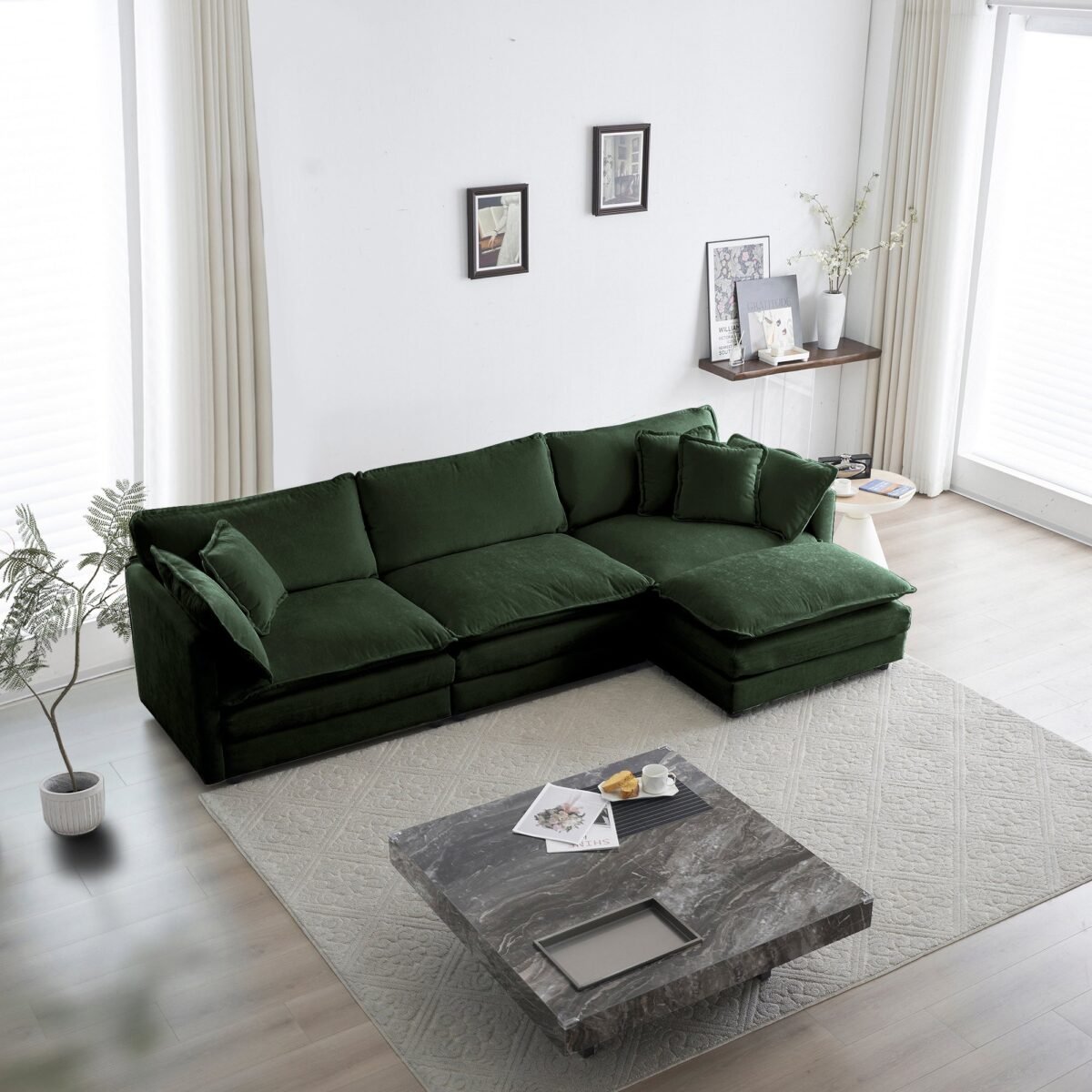 Walker Edison | Chenille Modular Cloud Couch with L-Shaped Sectional and Ottoman - Image 1