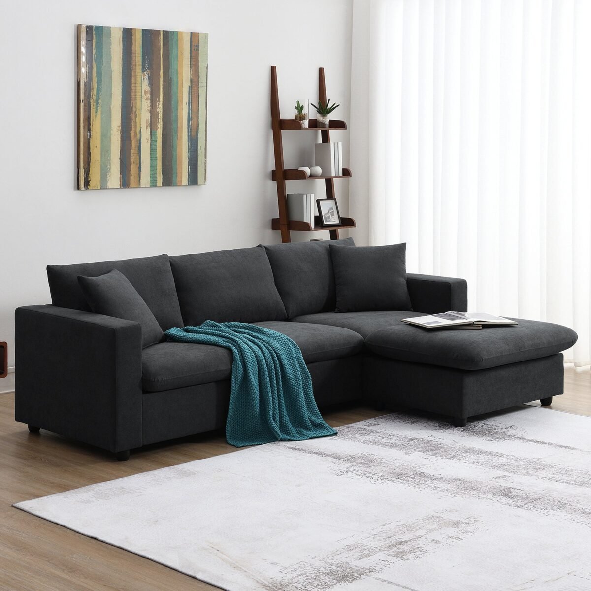 Walker Edison | Chenille Black Modern L-shape Sectional Sofa Ottoman - Image 1