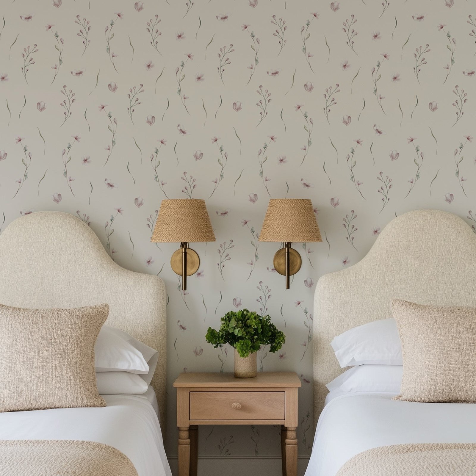 WatercolorFlowersandbrancheswithleavespattern7_a51c3b21-bef1-4e96-891c-3a863595ed6b Green and Pink Floral Removable Wallpaper - Image 1