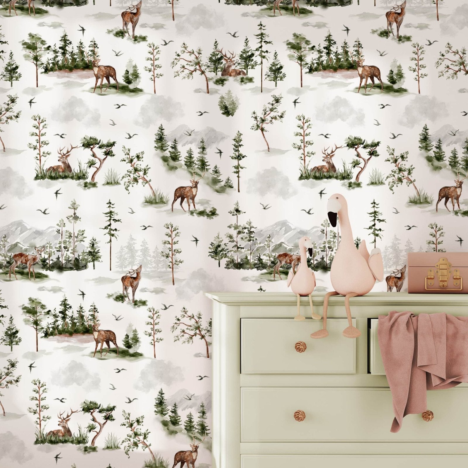 WatercolorForestwithdeersandbirds2-min_b916d8d3-af66-4310-bf71-4a371d83777b Forest Deer Wallpaper Mural - Image 1
