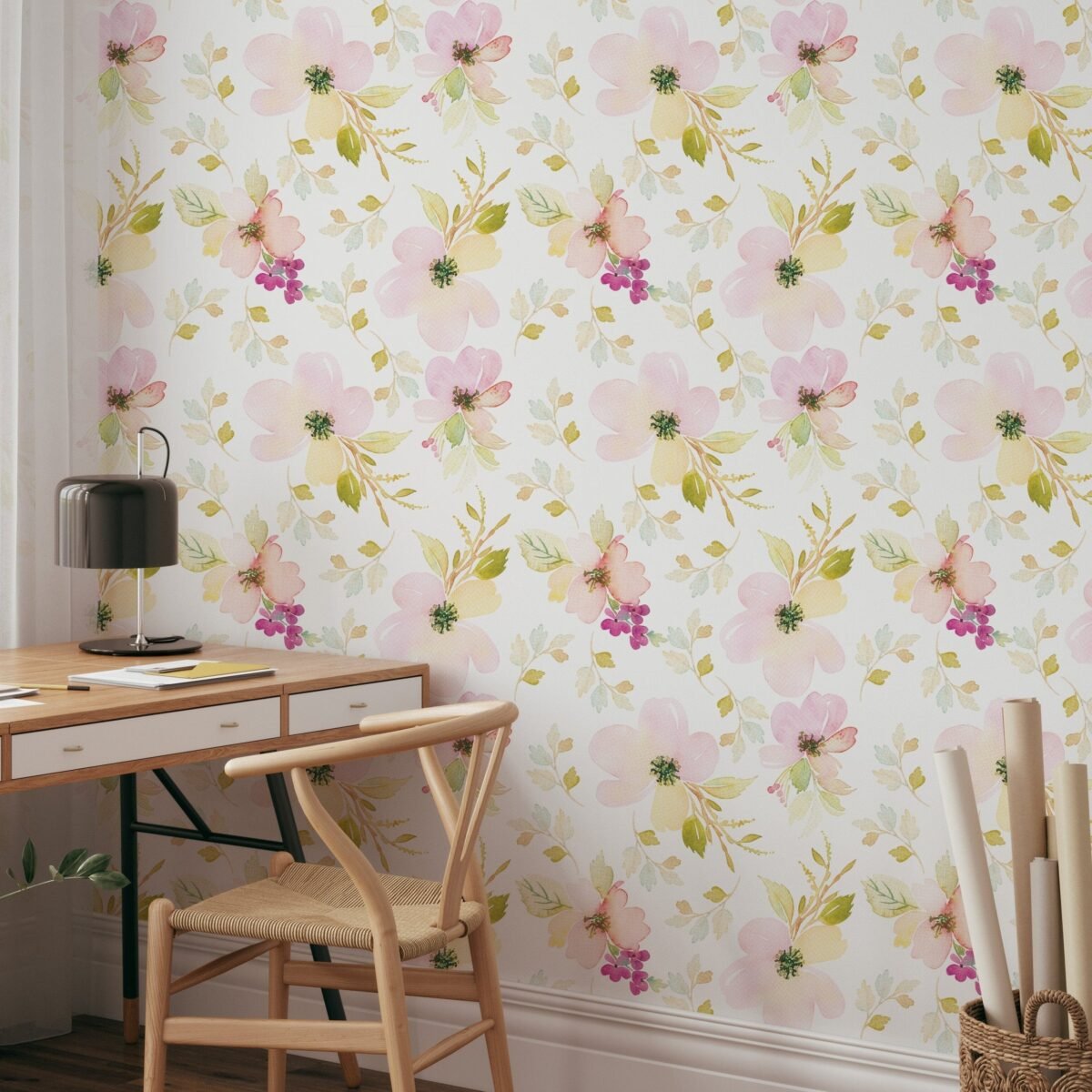 Watercolor Gentle Pink Flowers Pattern Large Scale Wallpaper - Image 1