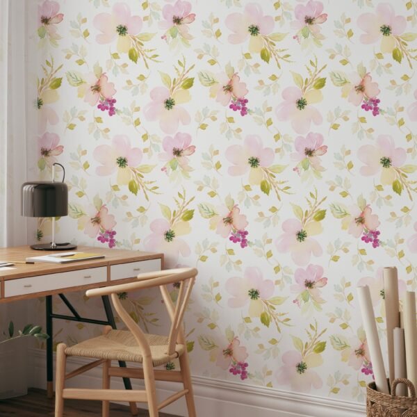 Watercolor Gentle Pink Flowers Pattern Large Scale Wallpaper