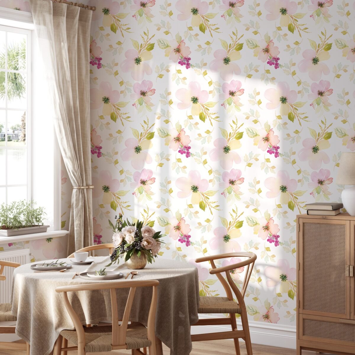 Watercolor Gentle Pink Flowers Pattern Large Scale Wallpaper - Image 3