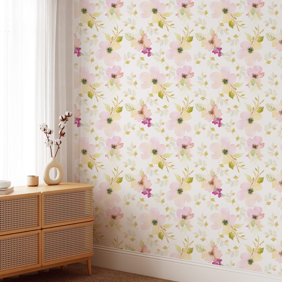 Watercolor Gentle Pink Flowers Pattern Large Scale Wallpaper - Image 5