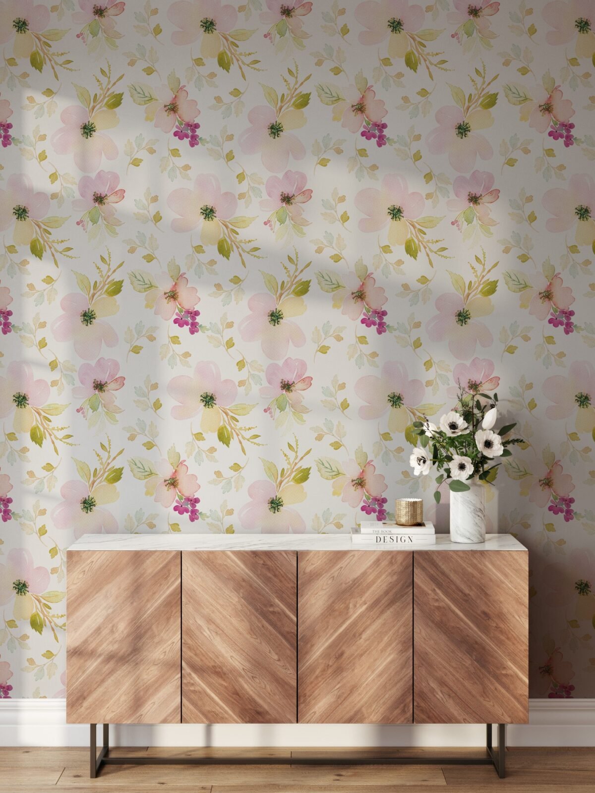Watercolor Gentle Pink Flowers Pattern Large Scale Wallpaper - Image 6
