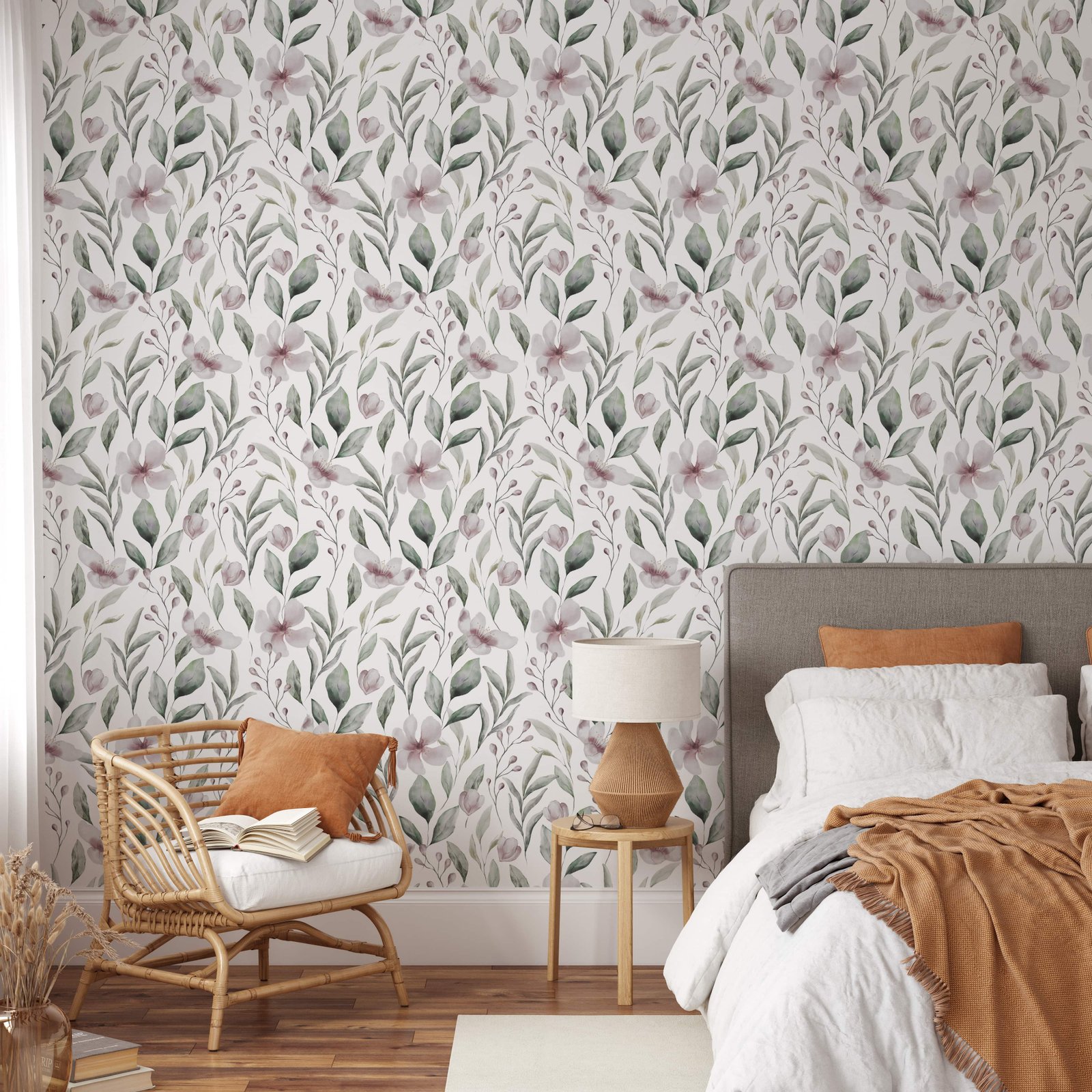 WatercolorGentleflowerswithgreenleavespattern4-min_dedefc4c-5a9c-4646-8b62-14256bc18a5f Botanical Wallpaper Peel and Stick Wall Mural - Image 1