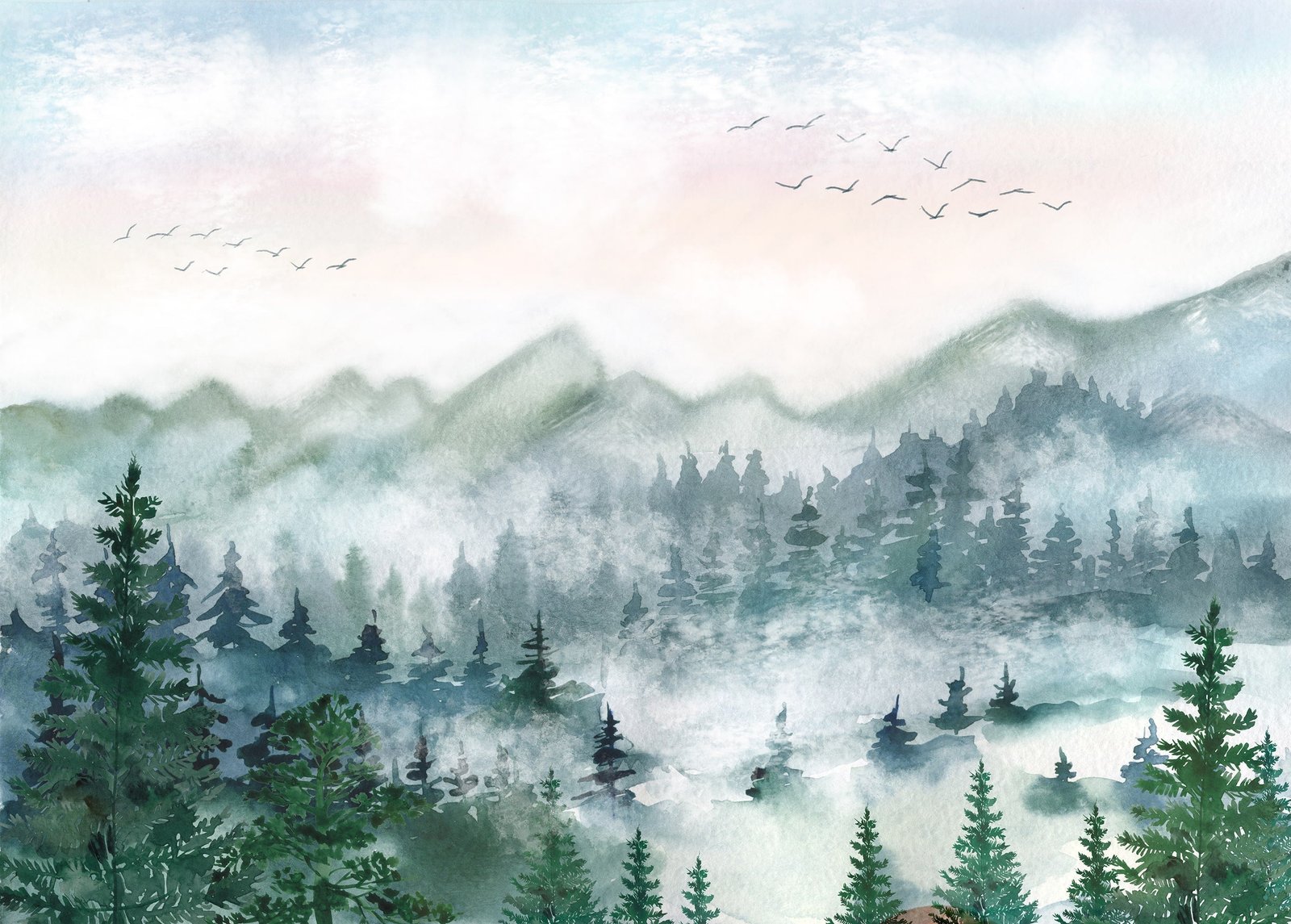 Watercolor Forest Mural Peel and Stick Wallpaper - Serene Green Mountain Landscape - Image 3