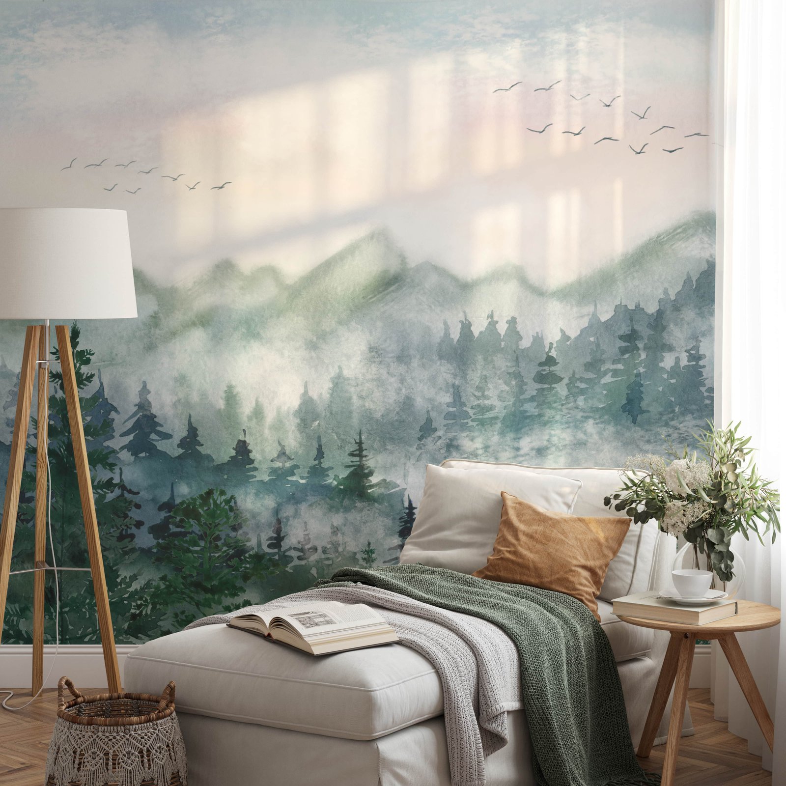 Watercolor Forest Mural Peel and Stick Wallpaper - Serene Green Mountain Landscape - Image 1