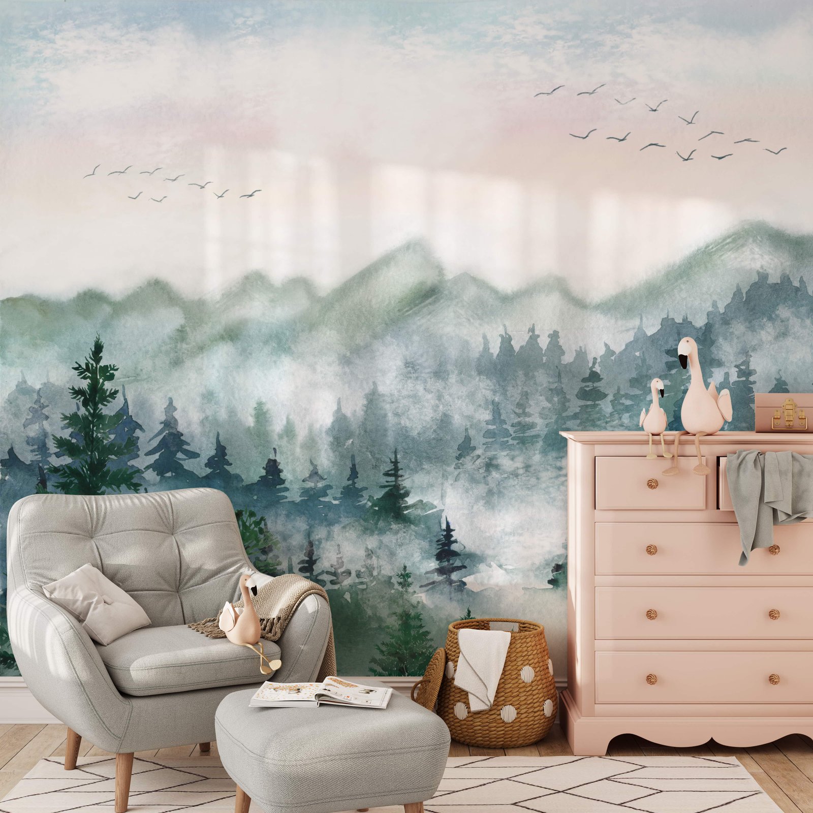 Watercolor Forest Mural Peel and Stick Wallpaper - Serene Green Mountain Landscape - Image 2