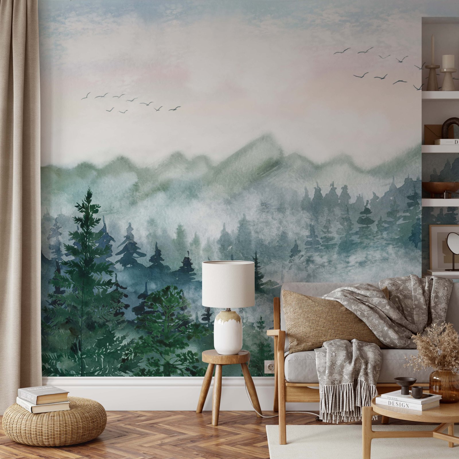 Watercolor Forest Mural Peel and Stick Wallpaper - Serene Green Mountain Landscape - Image 5